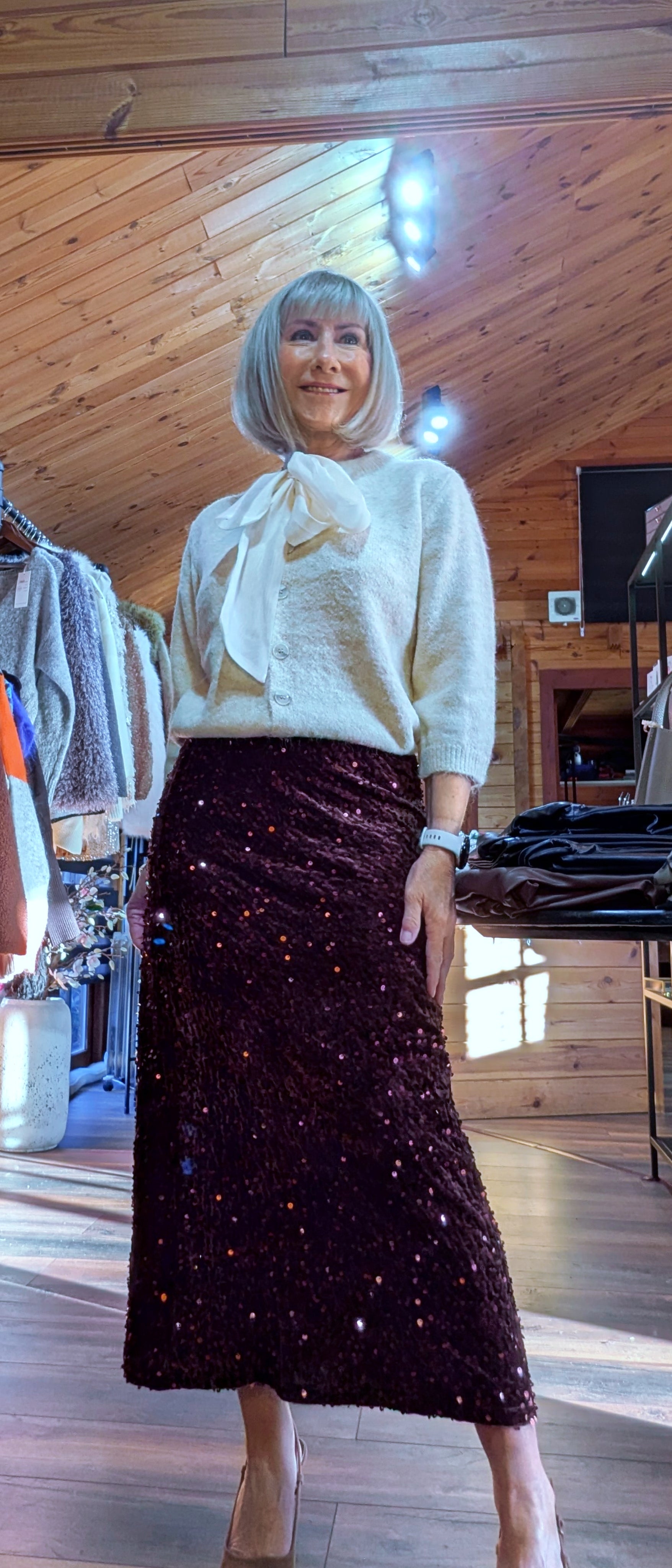 Astrid Sequin Bias Cut Skirt – Chocolate Brown/ Black