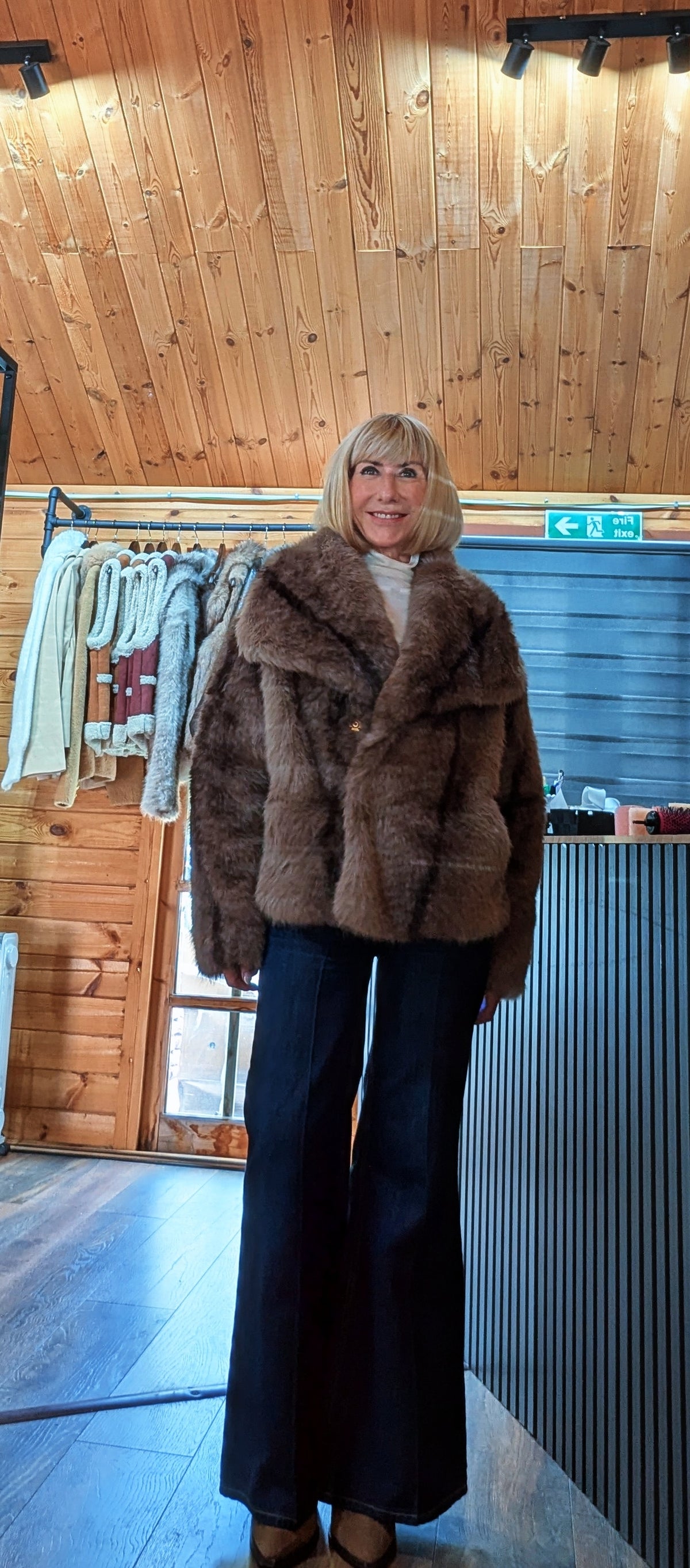 Chocolate Charlotte jacket featuring soft faux fur and a statement collar