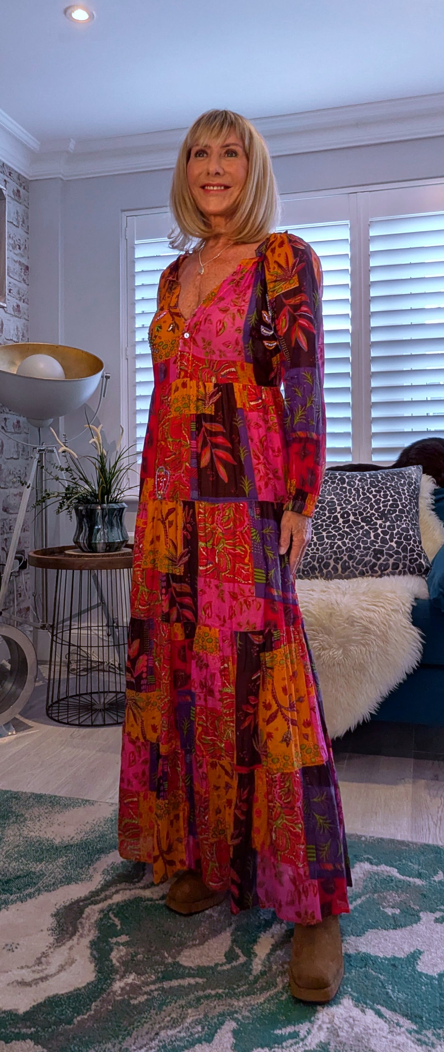 Sheridan Printed Maxi Dress – Embroidered, Tiered, Long Sleeve Multi Coloured
