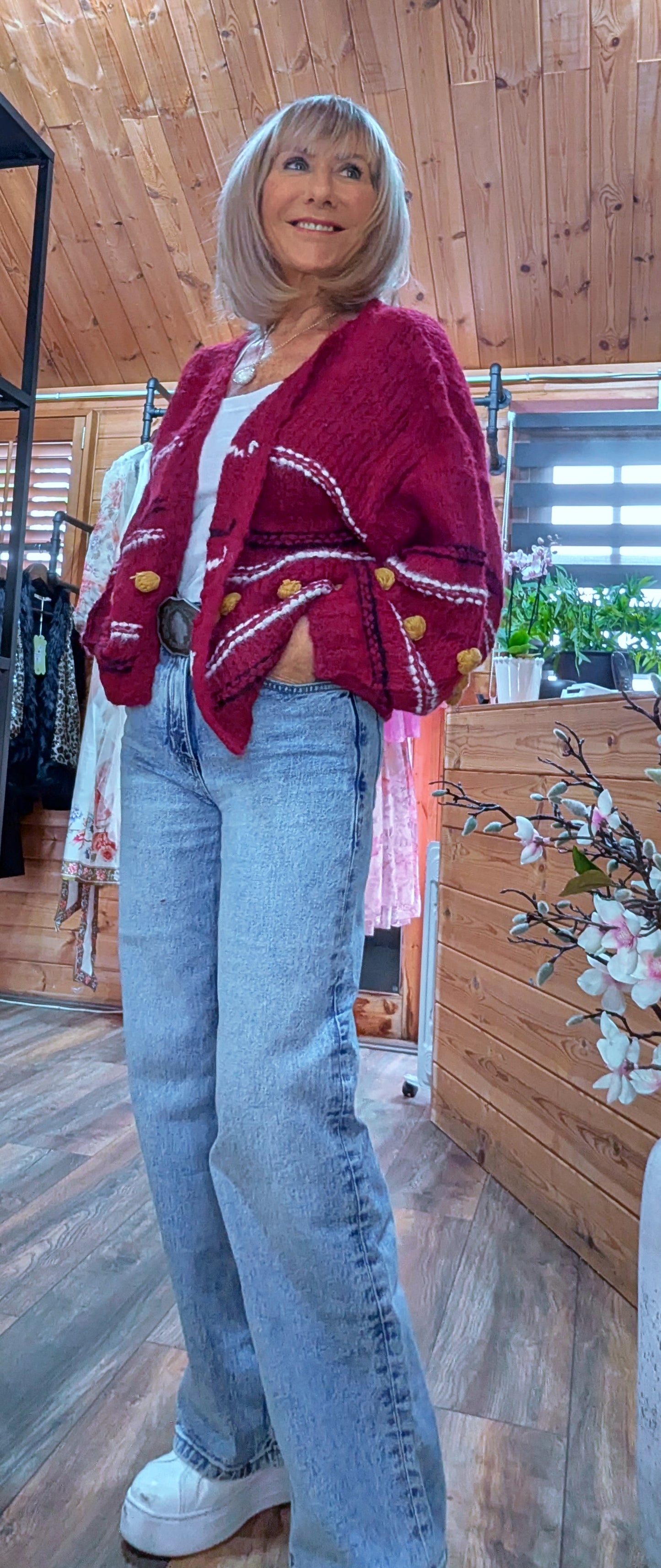 Pansy Chunky Cardigan – Deep Red with Balloon Sleeves- Mustard Bobbles