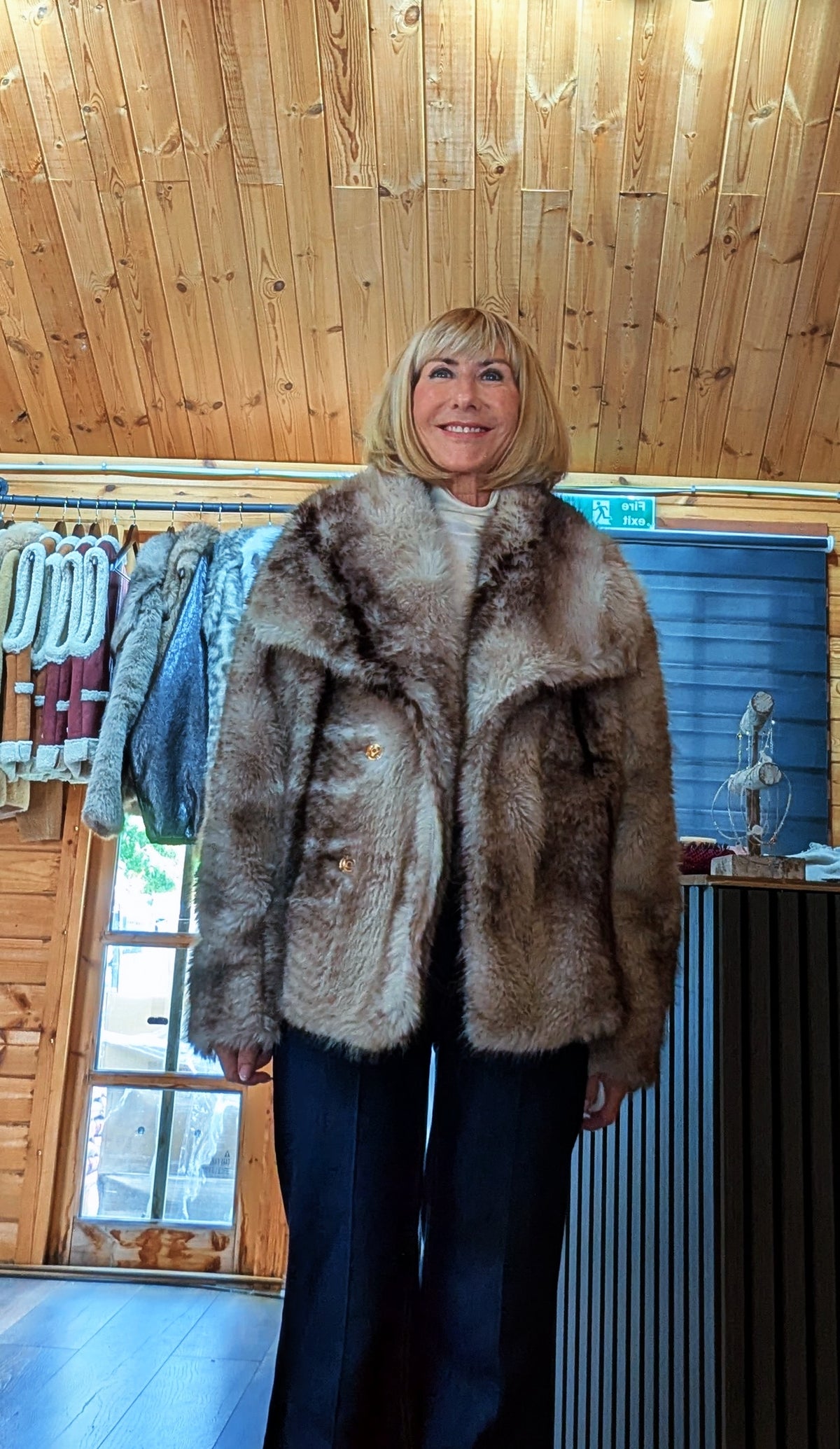 Charlotte cosy faux-fur coat in taupe, modelled in the DitsyDi boutique