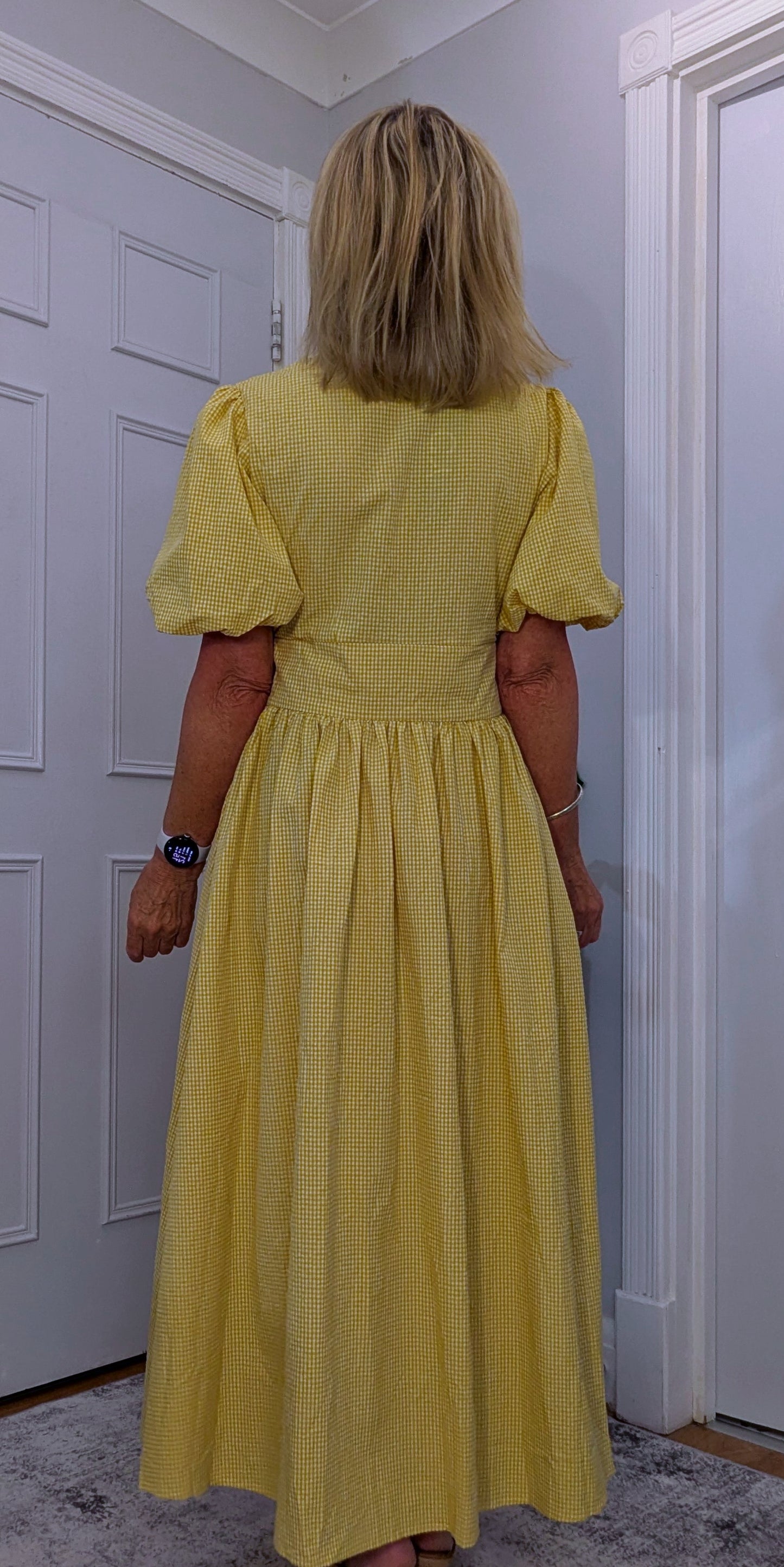 Bethany Yellow Gingham Midi Dress Vintage Puff Sleeve Style