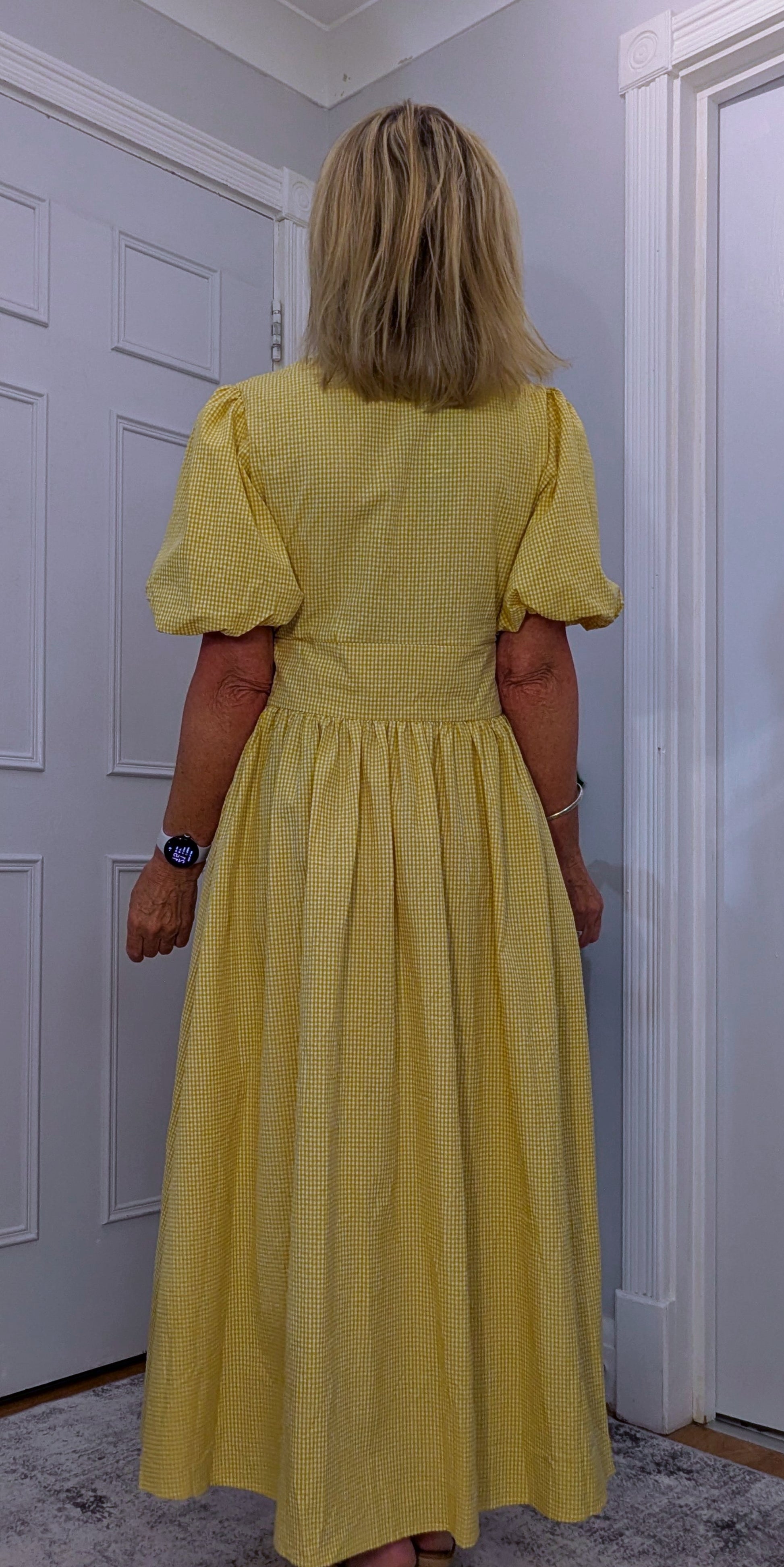 Bethany Yellow Gingham Midi Dress Vintage Puff Sleeve Style