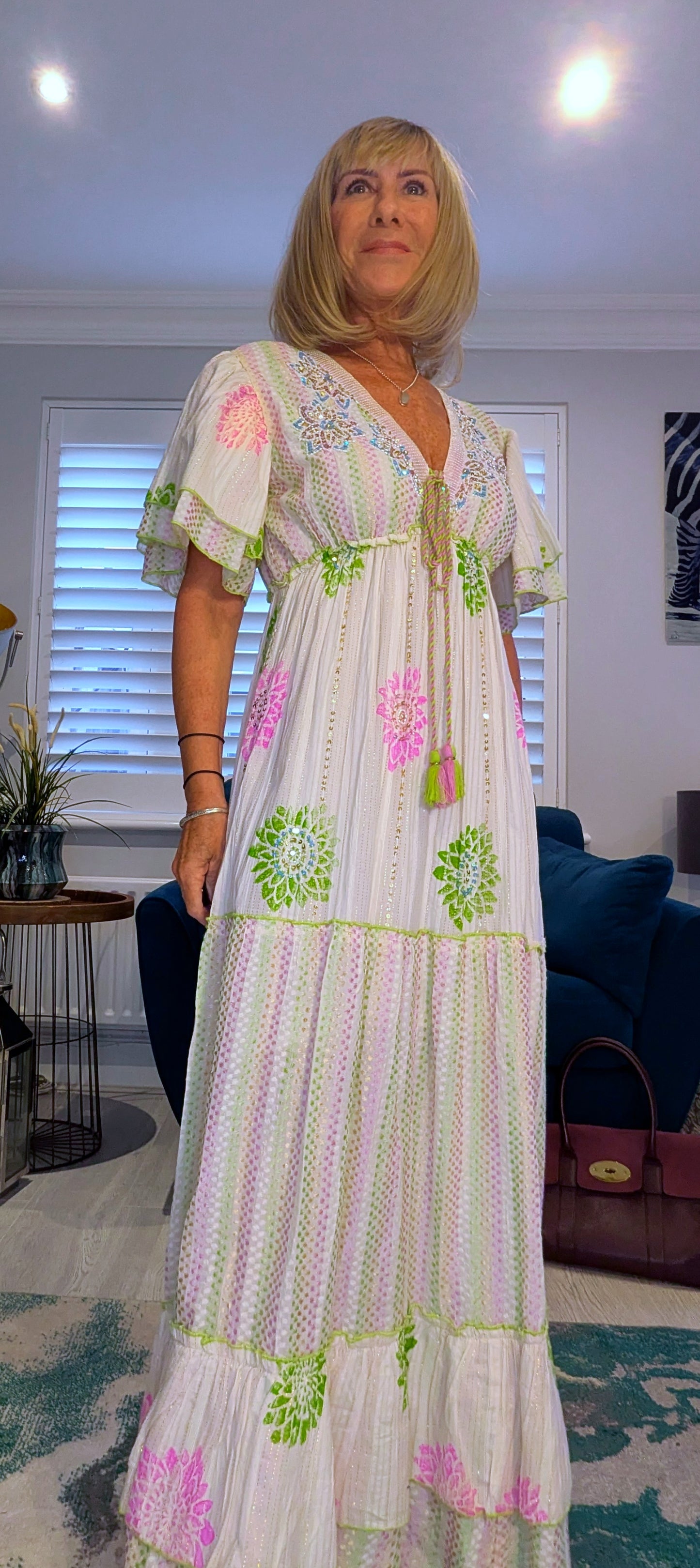 Rhea Bohemian Floral Maxi Dress In Green or Lilac Cotton