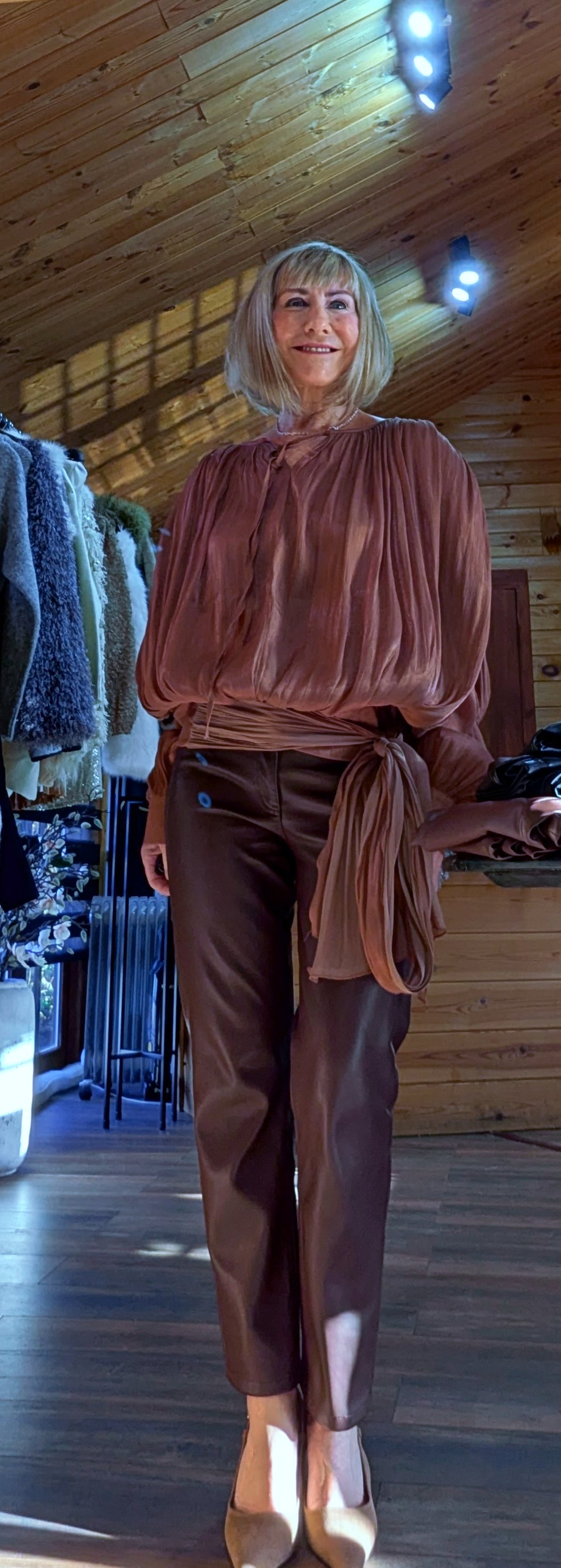 Venus Golden Caramel Blouse – Tie Neck -Sash Waist Detail
