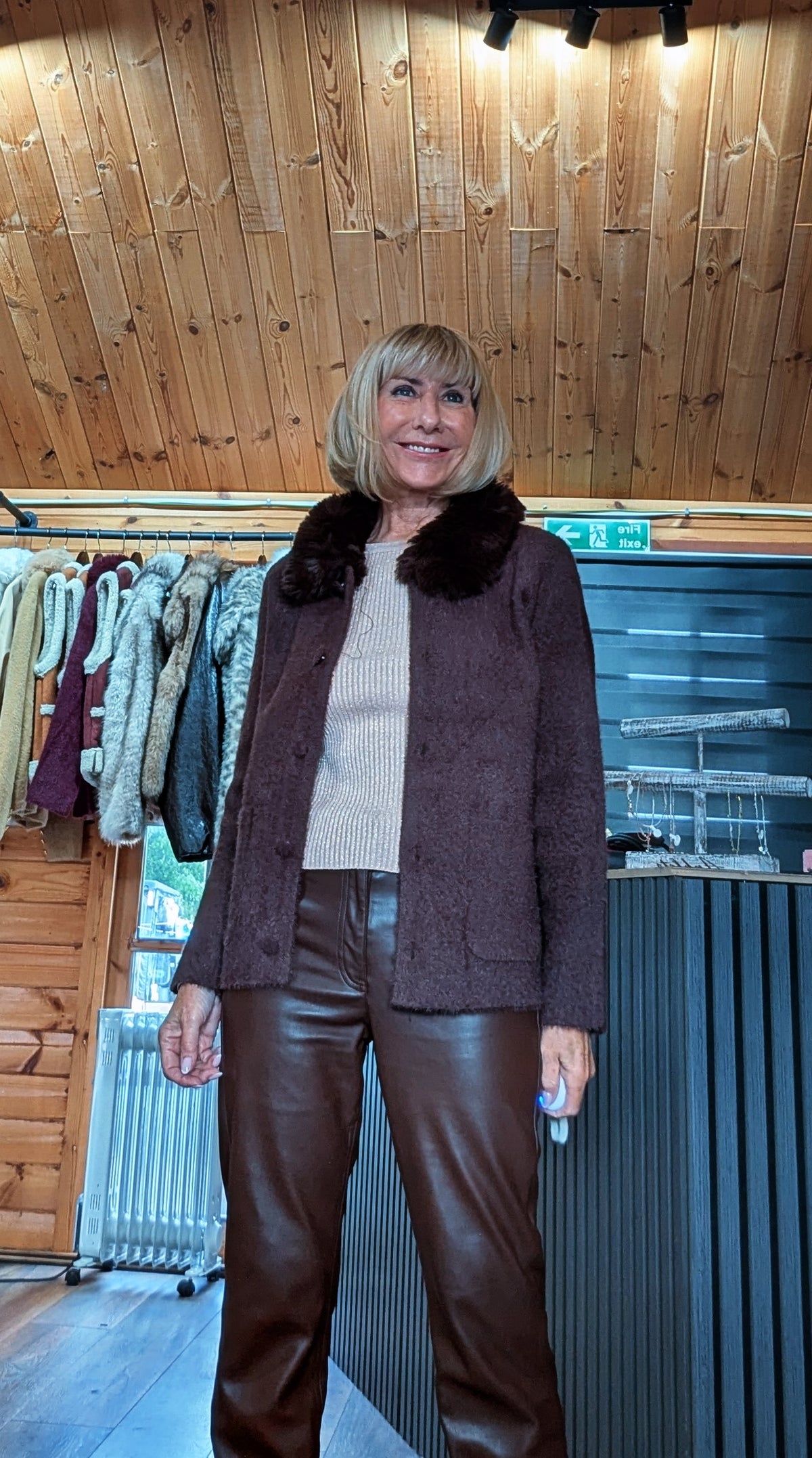 Amaryllis chocolate cardigan with faux-fur collar and button front styled by ditsydi with pleather trousers