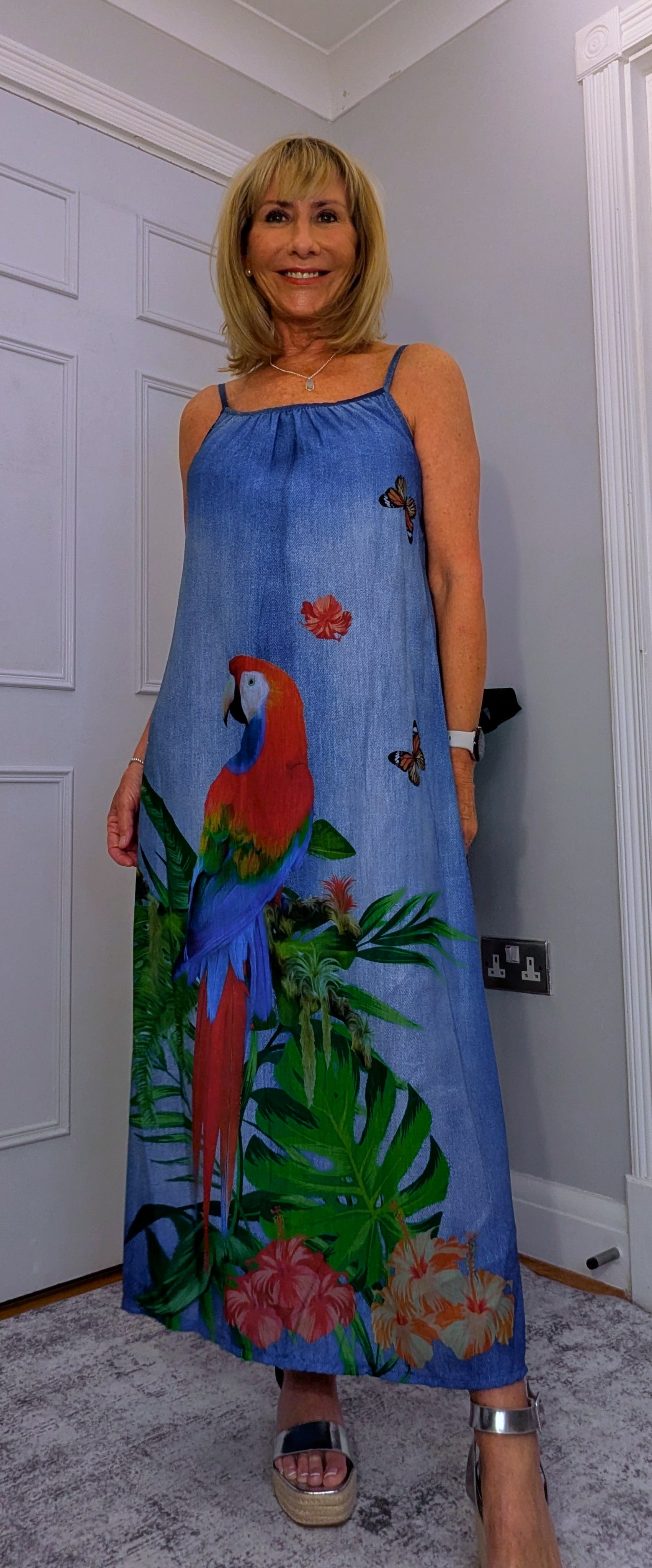 Delores Maxi Dress – Tropical Print Summer Slip Dress- Parrot
