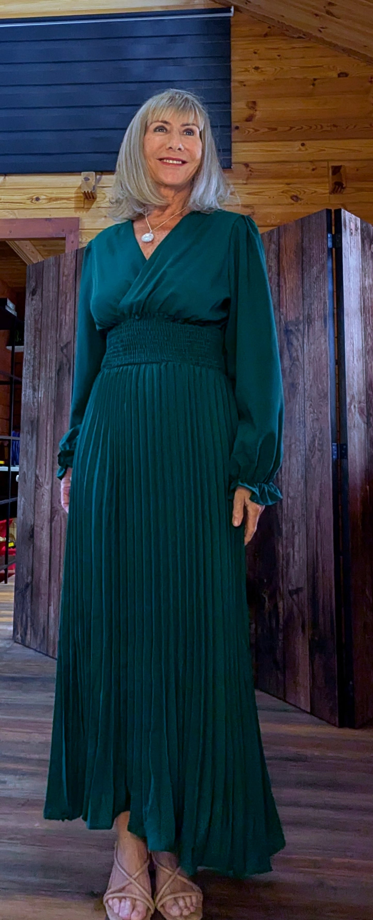 Laura Emerald Green Midi Dress – Shirred Waist with Pleated Skirt