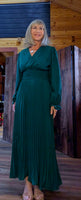 Laura Emerald Green Midi Dress – Shirred Waist & Pleated Skirt