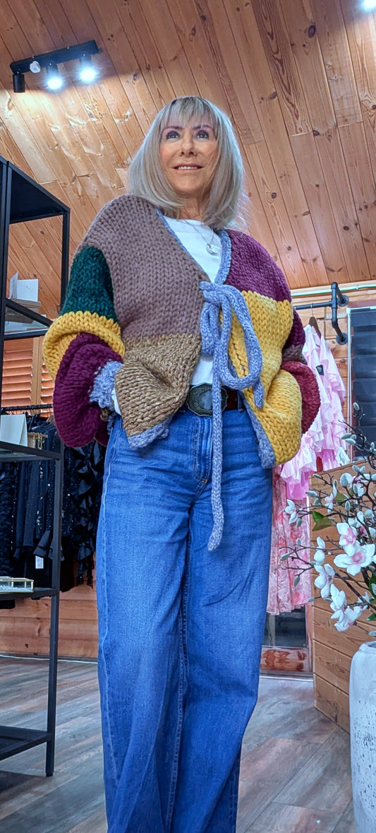 Gwen Boho Chunky Cardigan – Multicolour Patchwork with Tie Front