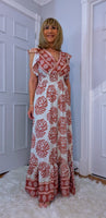 Nolan Boho Maxi Dress –Pink & Ecru, Flutter Sleeves, Elasticated Waist