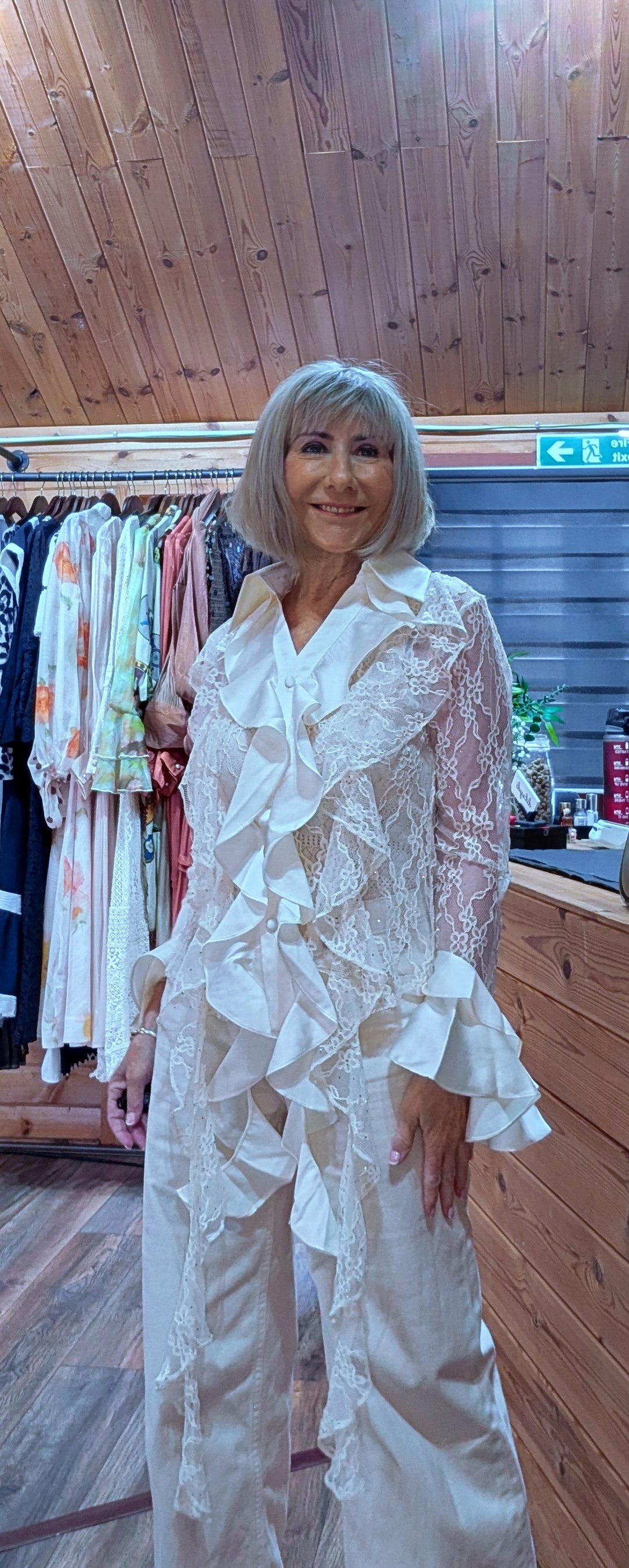 Sheer frill ivory blouse with ruffles and sequins in ivory