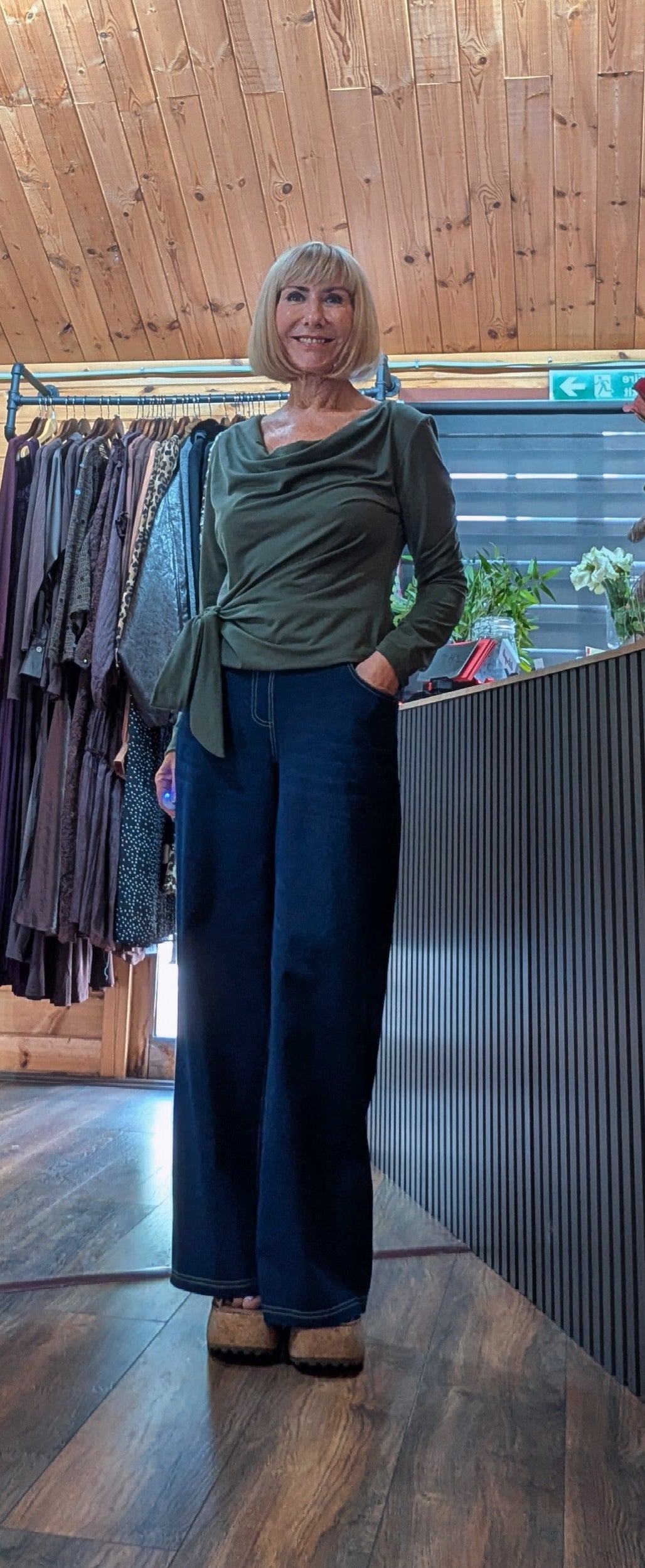 Freya khaki long sleeve top with side knot detail