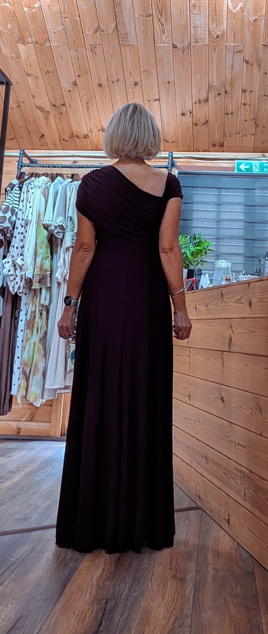 Back view of the Imogen burgundy draped maxi dress