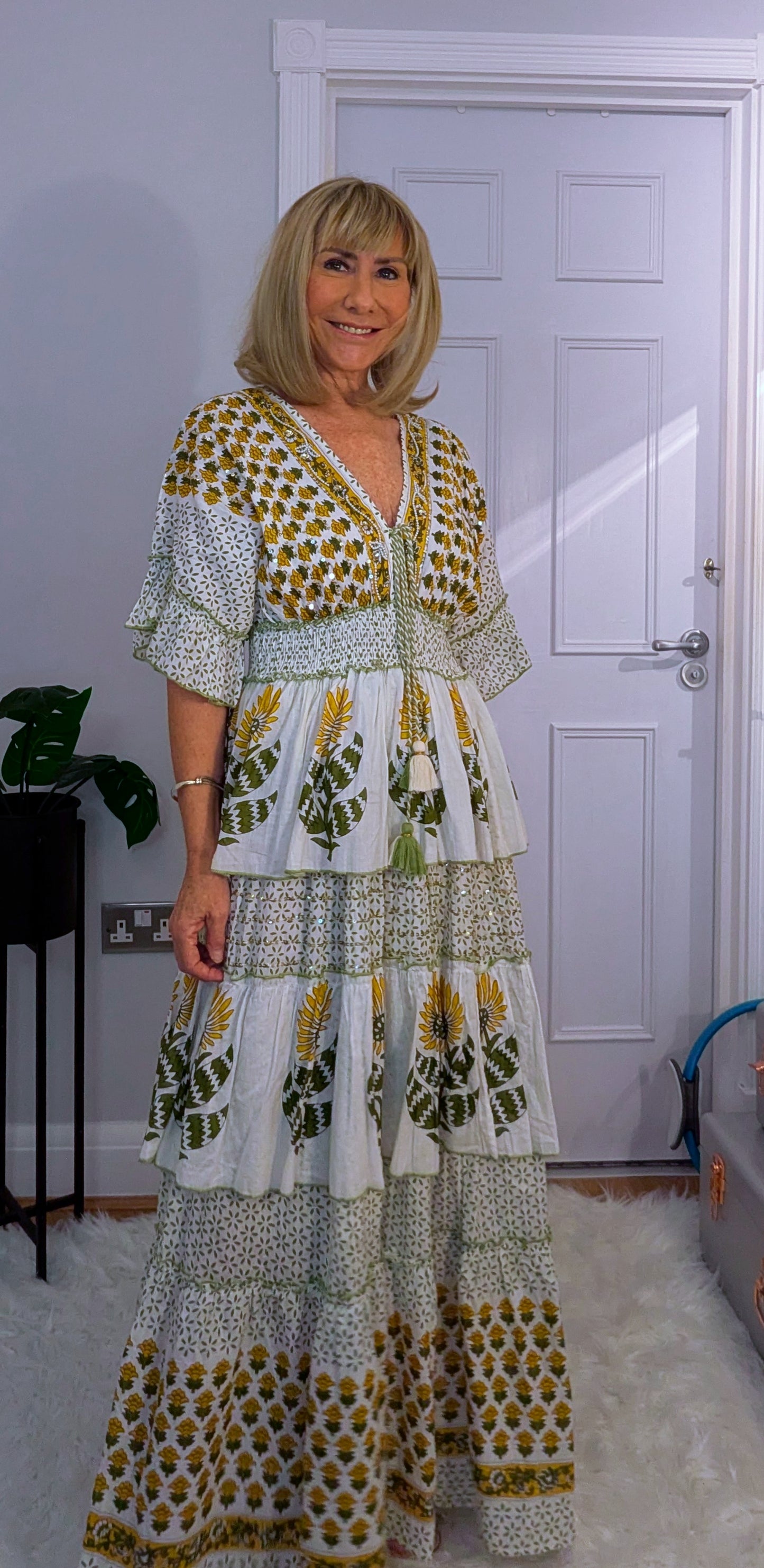 Santorini Bohemian Layered  Dress in White with Green and Gold Tassels
