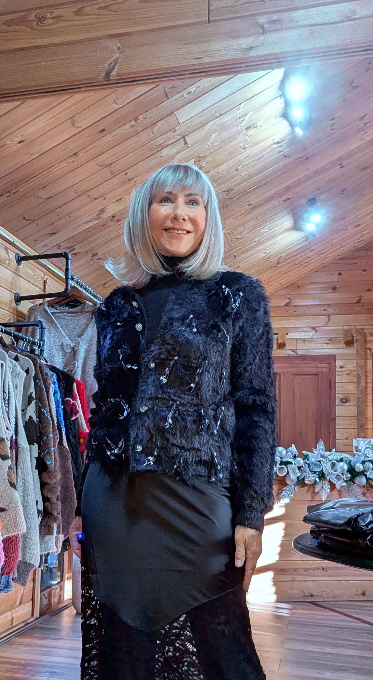 Shylo Black Faux Fur Look Evening Cardigan – Pearl Sparkle Button