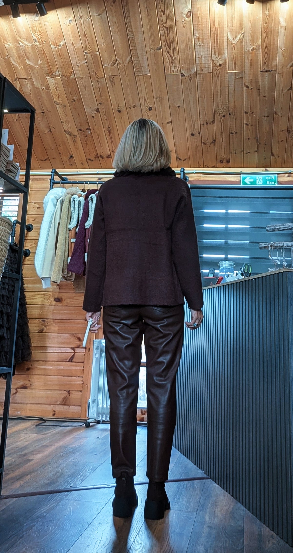 Rear photo Front view of the Amaryllis burgundy soft knit cardigan with pockets