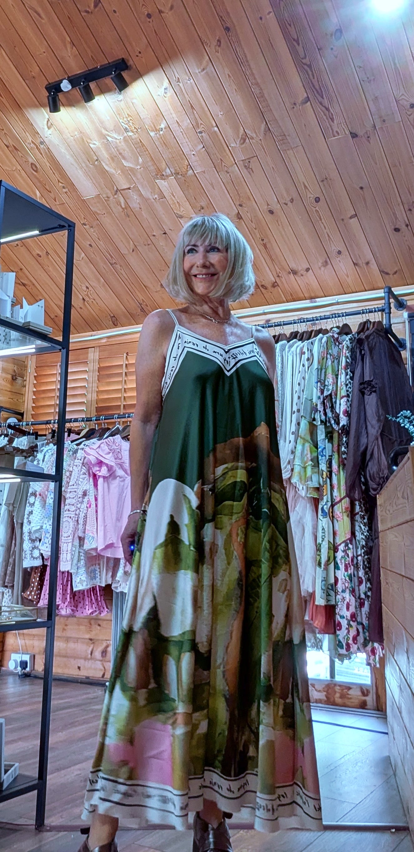 Close up Nola Artistic Print Maxi Dress in olive