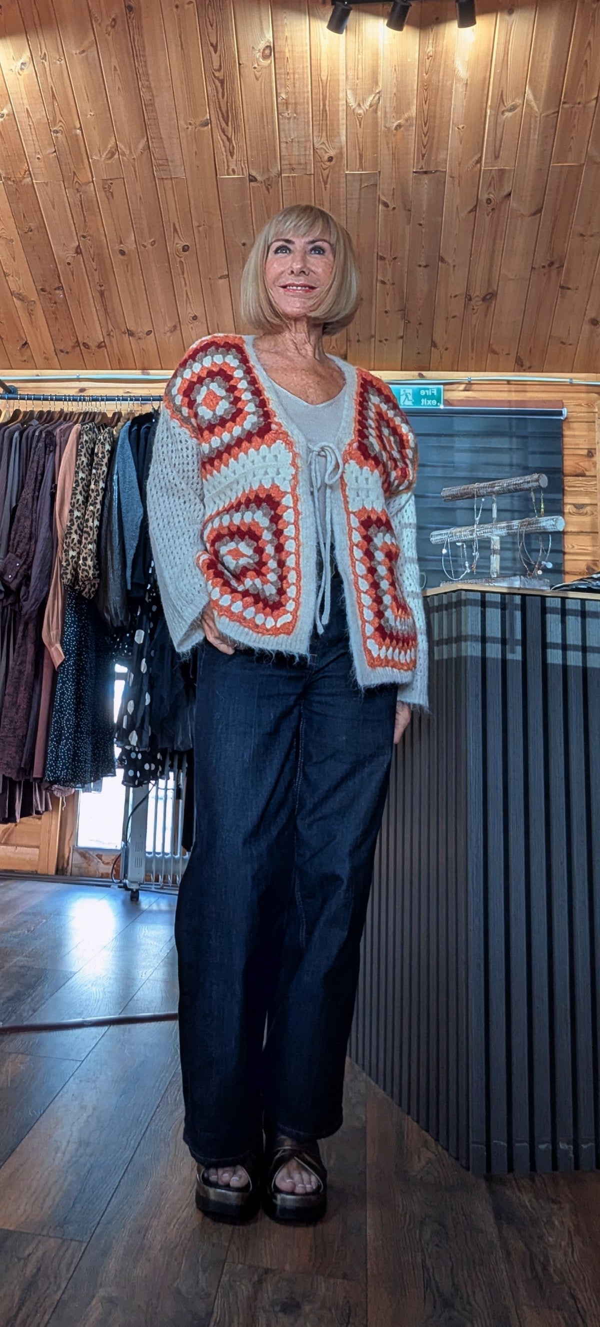 Close-up of Joy cardigan showing soft fluffy alpaca blend knit texture