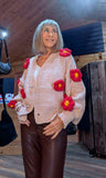 Mimi Chunky Cardigan – Beige with 3D Red Flowers