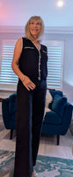 Genevieve Black Sleeveless Cardigan with White Border & Gold Buttons