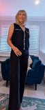 Genevieve Black Sleeveless Cardigan with White Border & Gold Buttons