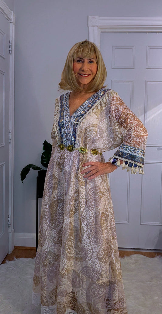 Lucy  Lace Bohemian Maxi Dress in Soft Beige with Navy Embroidery