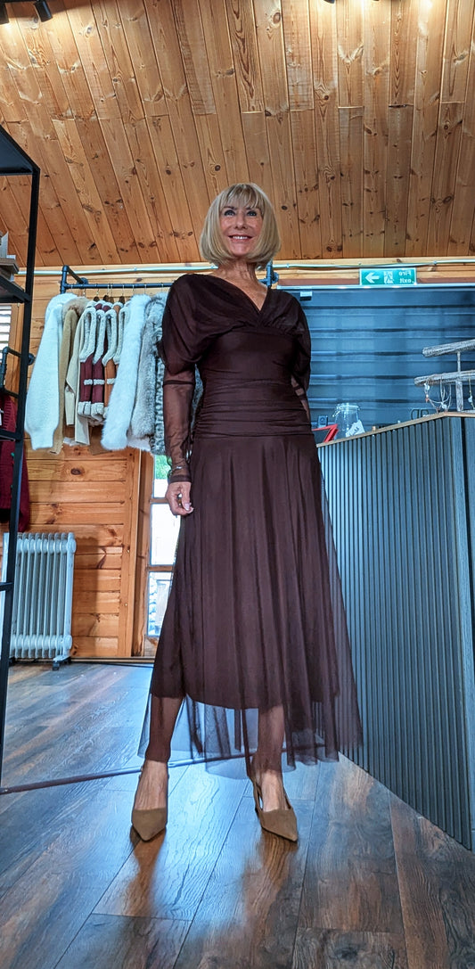 Full-length front view of Luna chocolate tulle dress with a ruched waist and nude heels