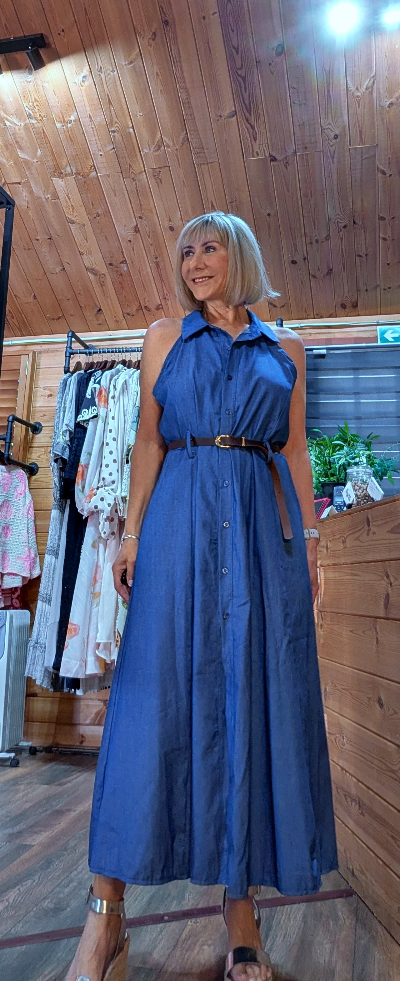 Blue cotton button-through maxi dress styled with belt