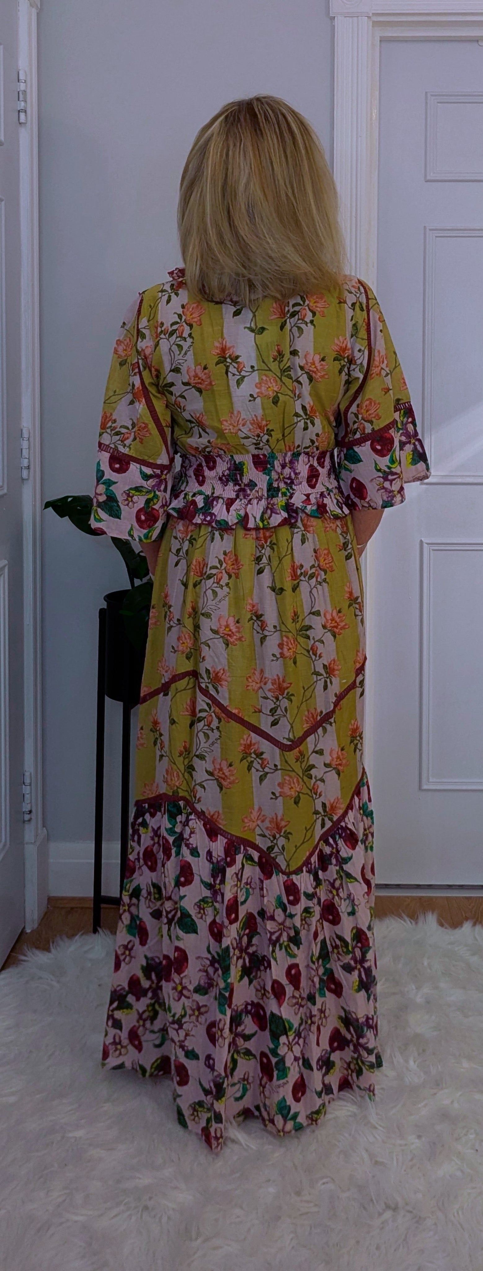 Felicity Bohemian Maxi  Dress in Maroon and Gold Shirred Waist