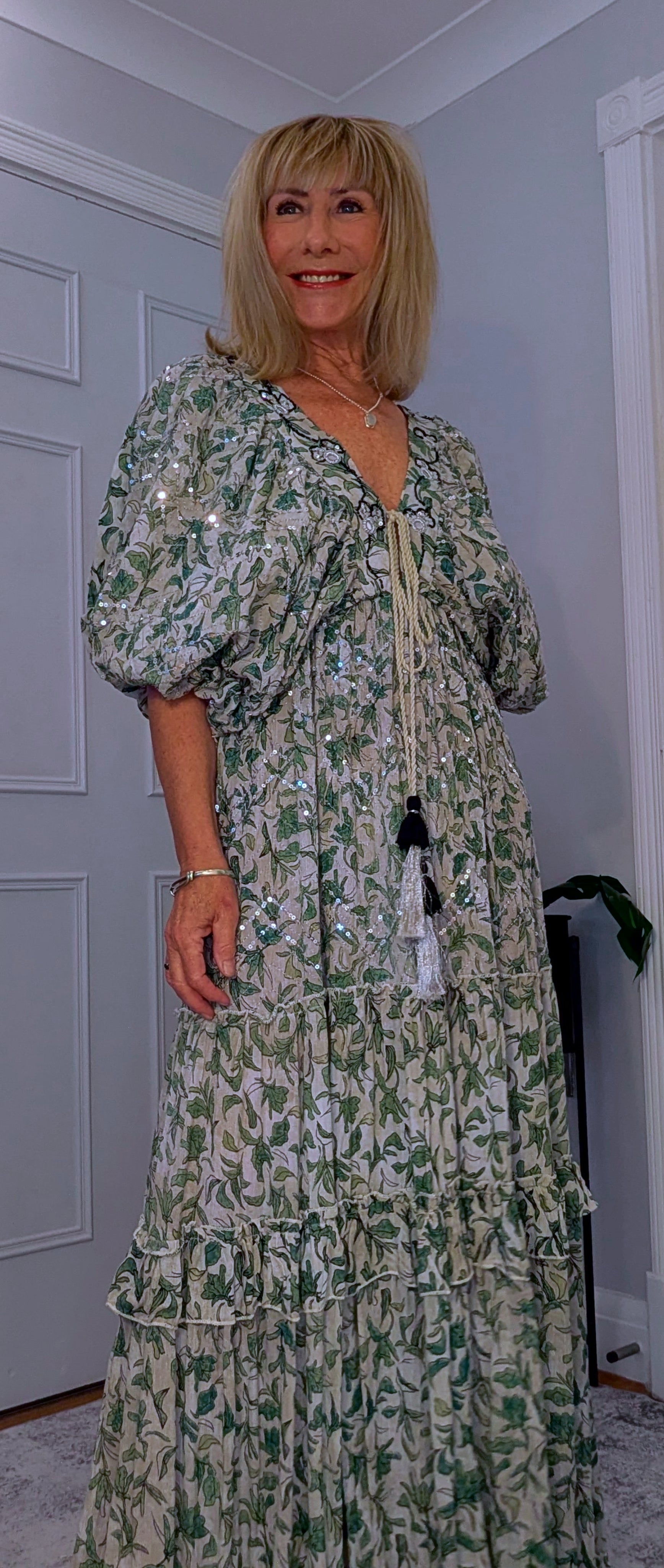 Delphi Embroidery Boho  Maxi Dress In Ecru  or Green Tassel Ties
