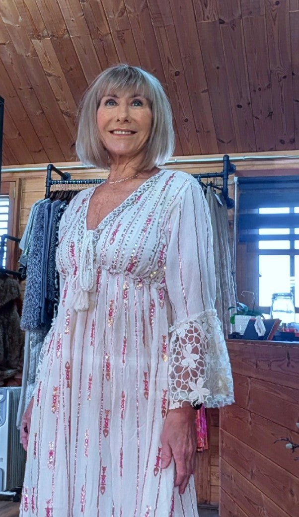  Gypsy Sunset boho maxi dress with lace detail and red shimmer
