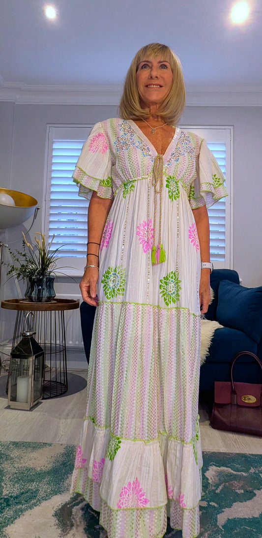 Rhea Bohemian Floral Maxi Dress In Green with sequins and tassels