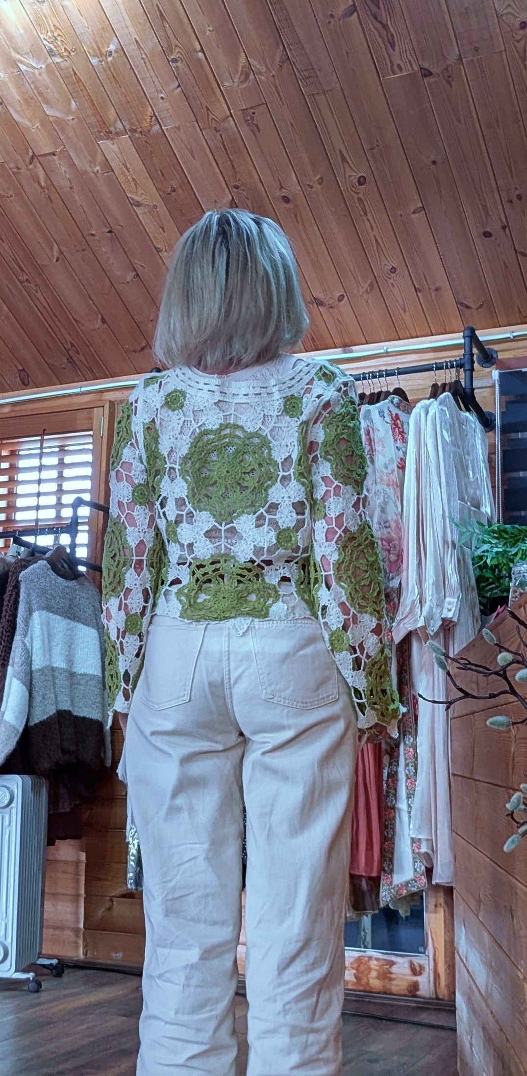 Pippa Green & Ecru Crochet Style Sweater
