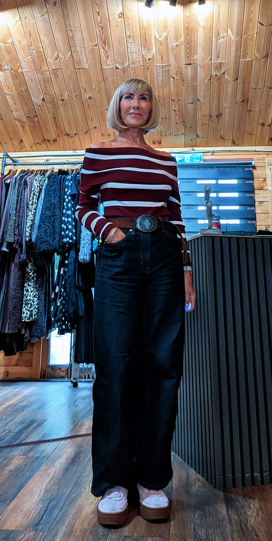 Women’s burgundy striped long sleeve Bardot top