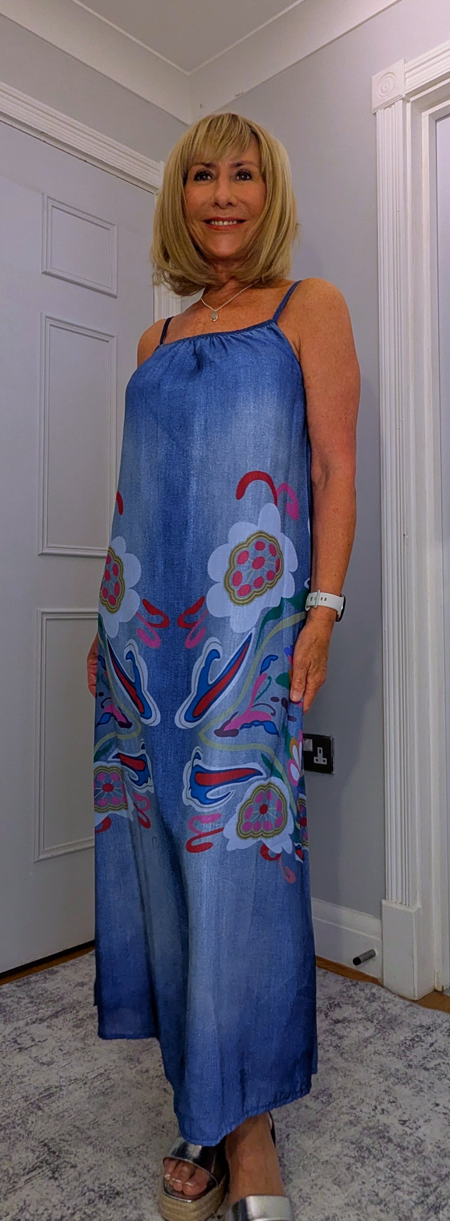 Delores Maxi Dress in Denim with Tropical Print -