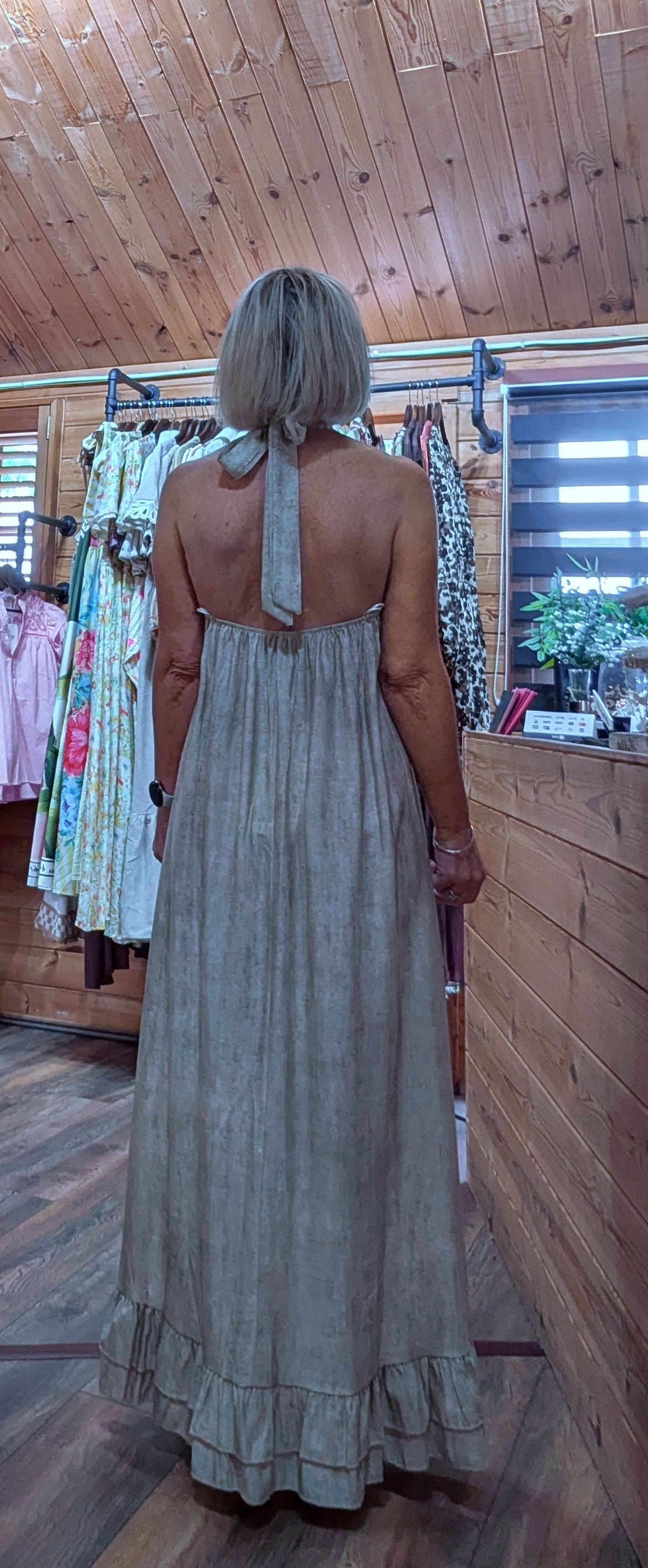 Odette open back maxi dress with rear neck tie