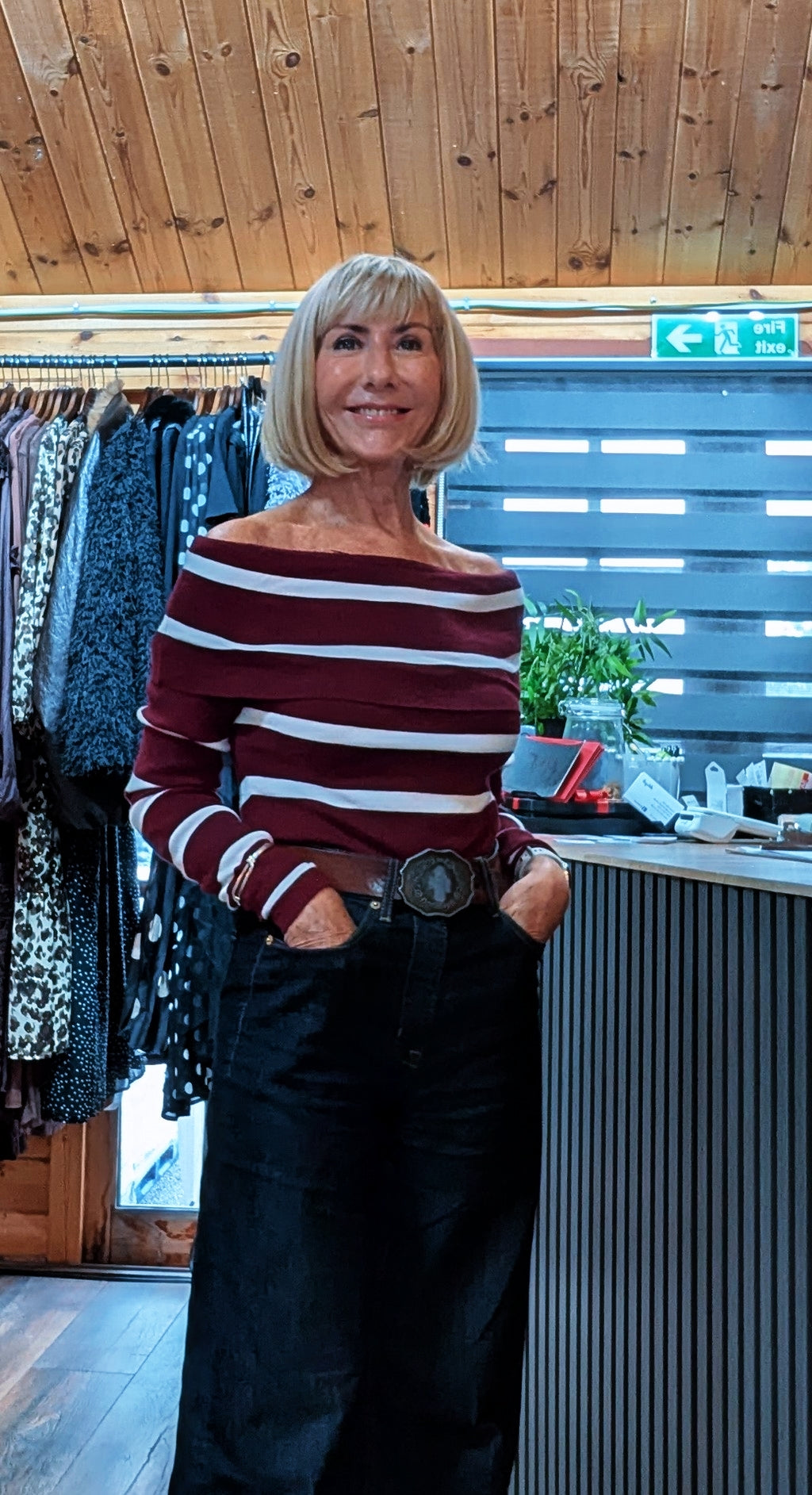 Wisty long sleeve striped knit top in burgundy and white