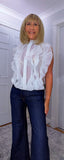 Margot Ruffle Blouse  Petite – Sleeveless Button-Up in White or Ecru