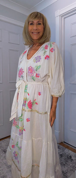 Darwin White Bohemian Dress with Floral Embroidery