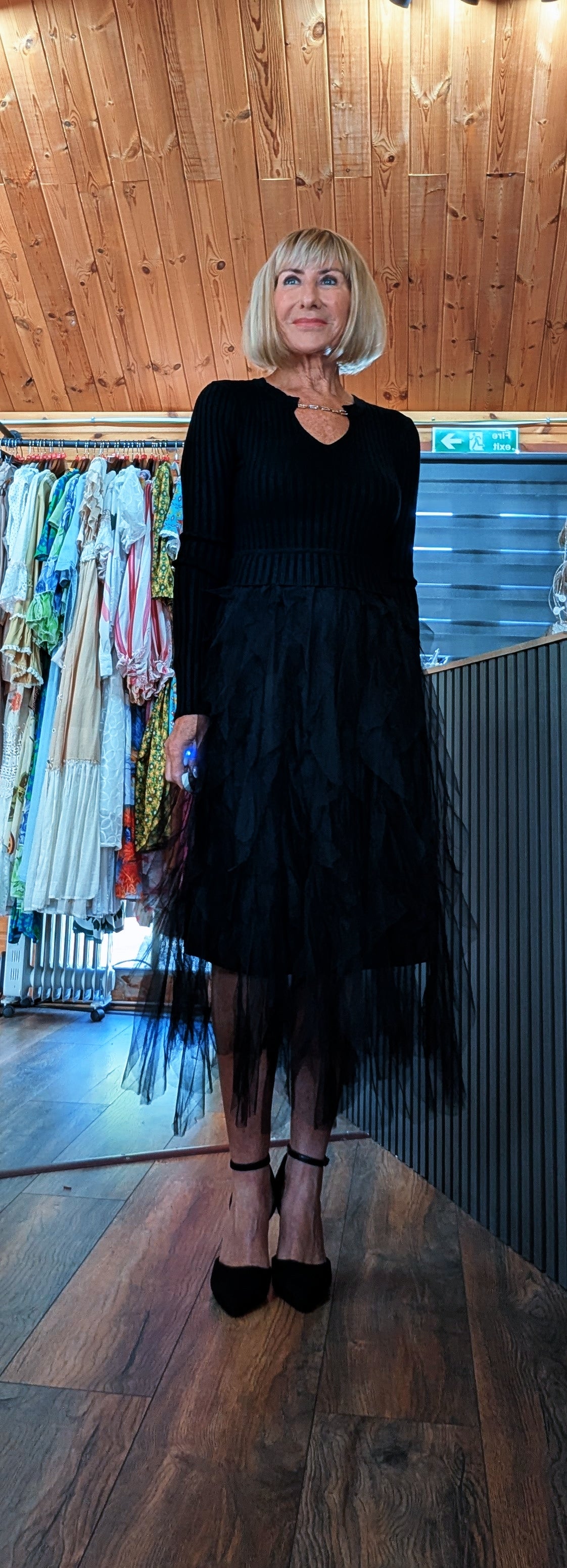 Anastasia black knit midi dress with layered tulle  ruffle skirt