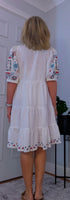 Bo Smocked Linen Cotton Dress – White with Pink & Blue Embroidery