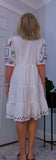 Bo Smocked Linen Cotton Dress – White with Pink & Blue Embroidery