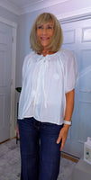 Clover White Silk Boho Blouse – Balloon Sleeves & Embroidered Floral Detail
