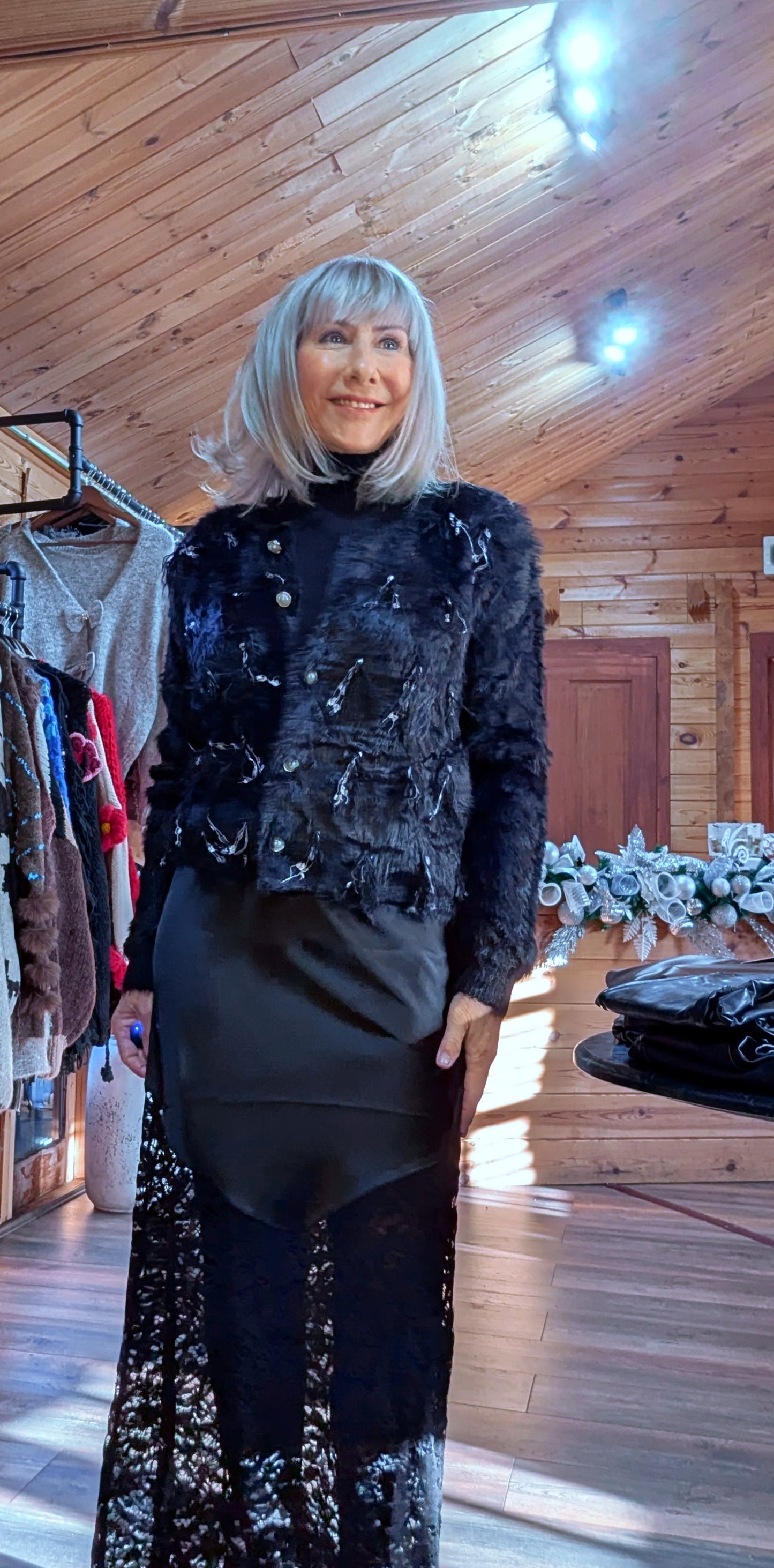 Shylo Black Faux Fur Look Evening Cardigan – Pearl Sparkle Button