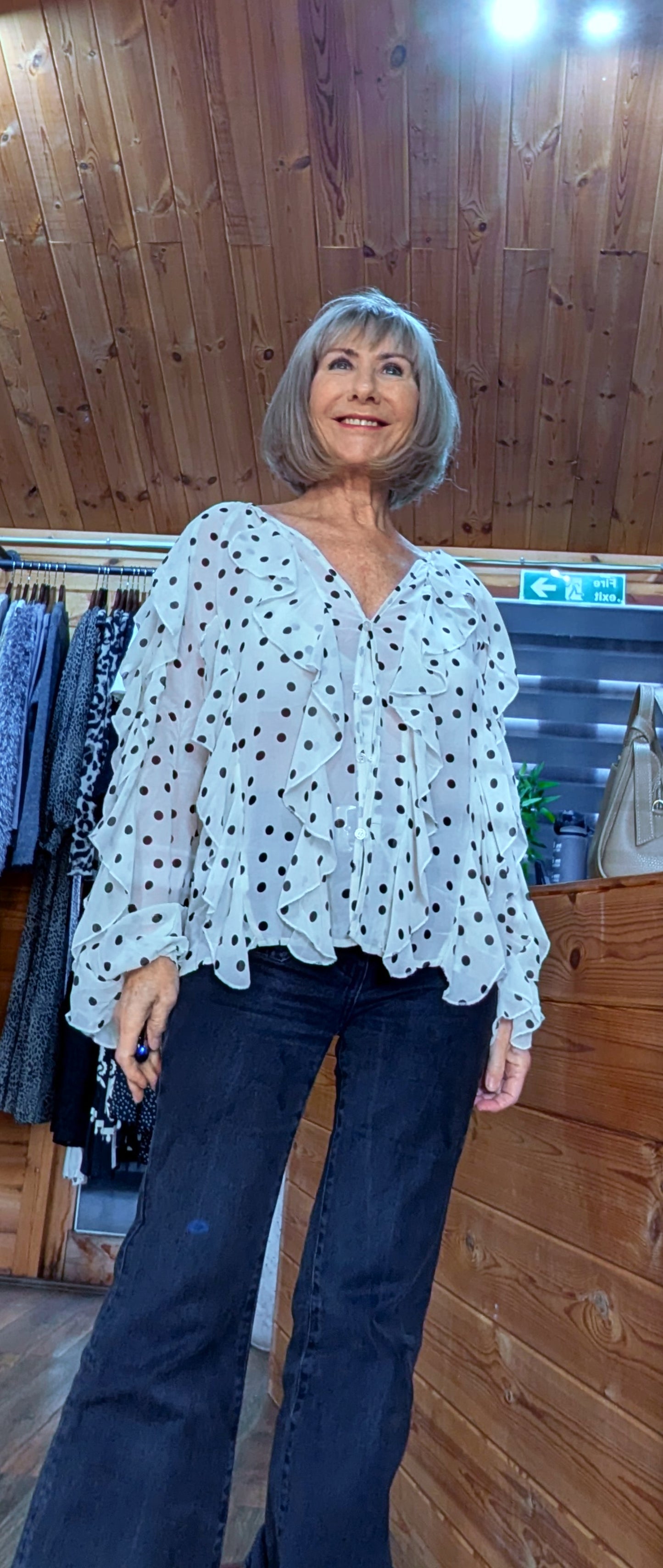 Ashley Blouse – Statement Frilled Blouse - Ivory with Polka Dots