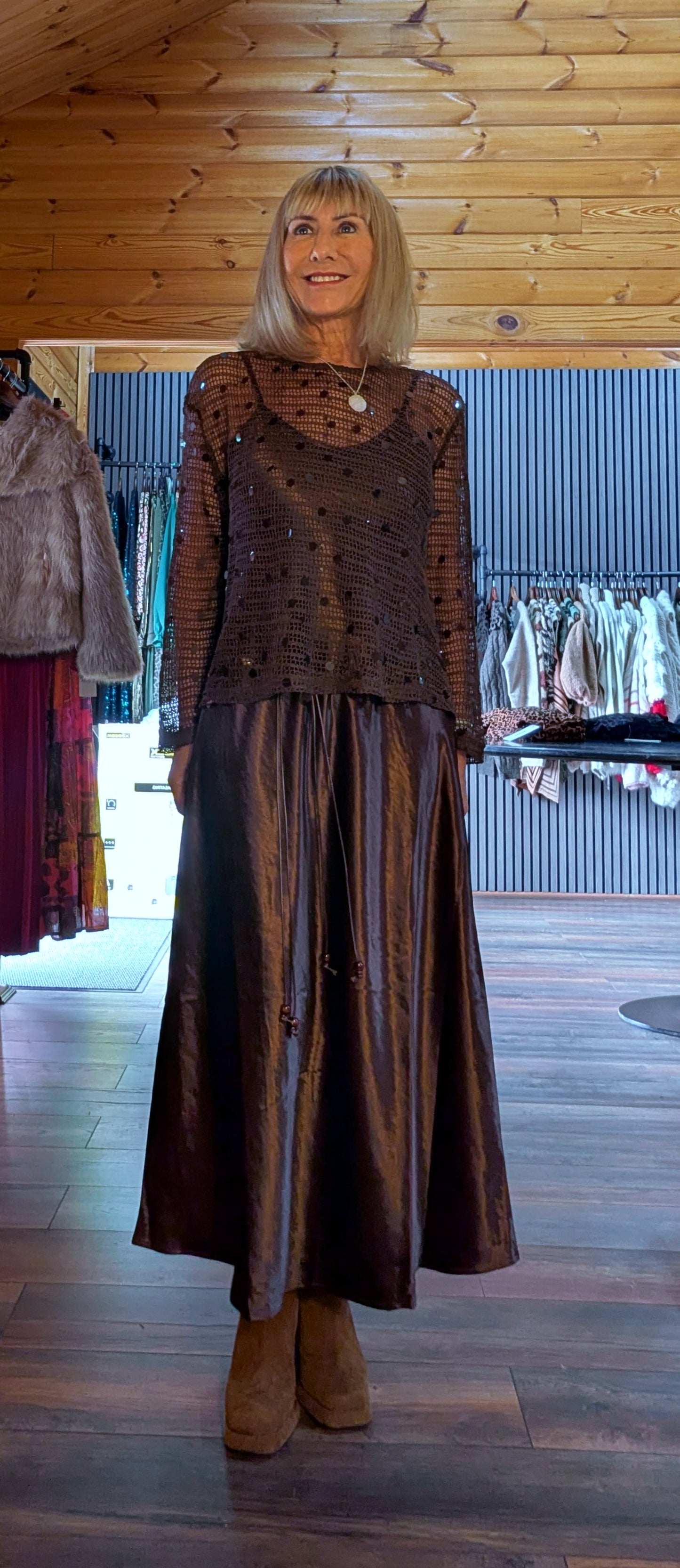 Loren Coffee Sequin Mesh Set – Silky Slip Dress with Beaded Tie Belt
