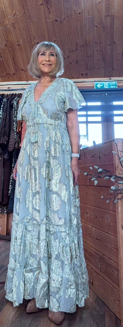 Milana gold rose embossed maxi dress in sage green 