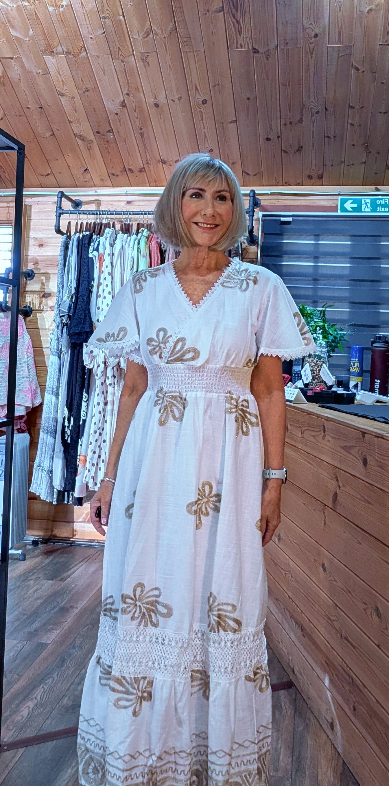 Gold embroidery white summer dress
