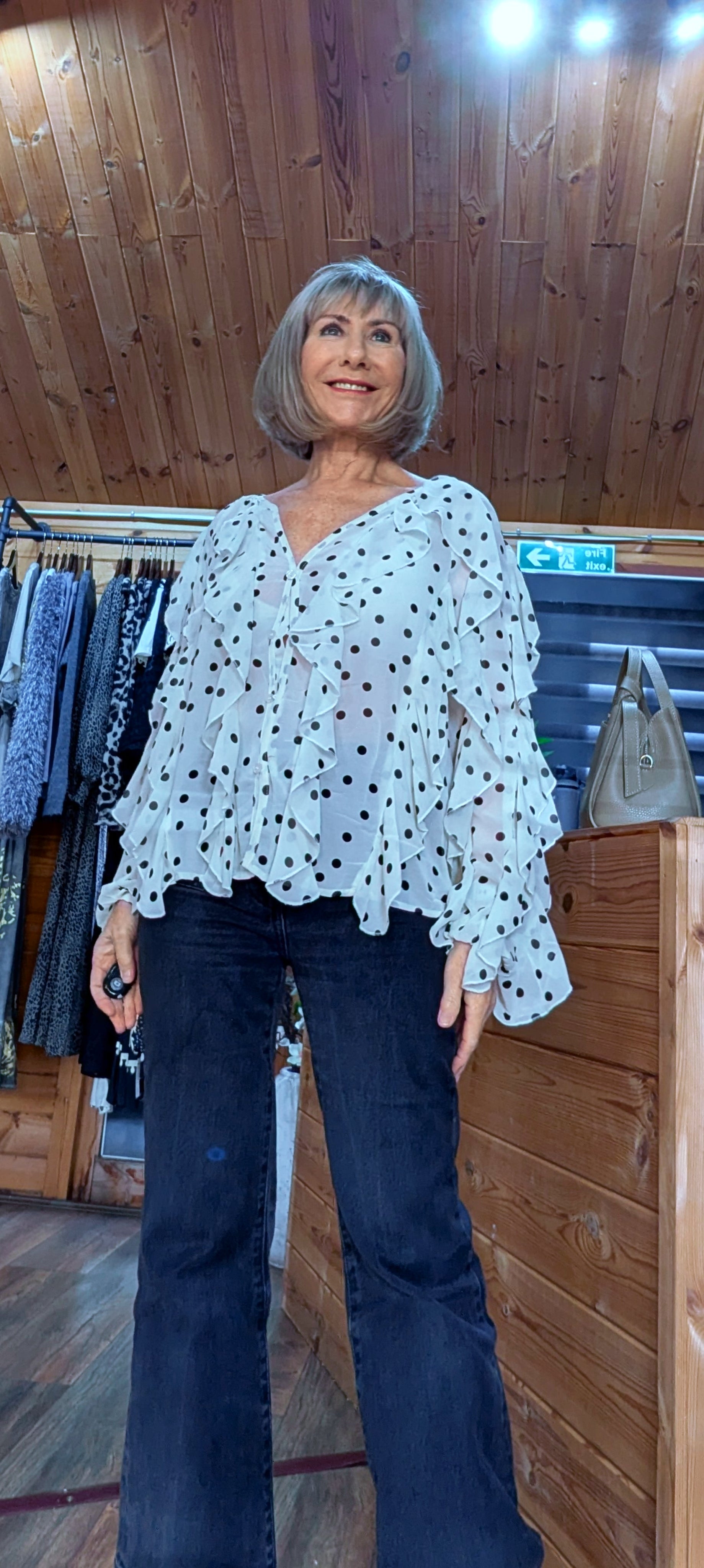 Ashley Blouse – Statement Frilled Blouse - Ivory with Polka Dots